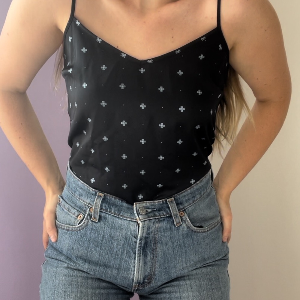 Black Satiny Tank with Blue Flower Detail